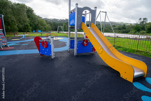 Children's playground at Durrockstock Park - Local Nature Reserve. Scotland, UK. Children and families can now enjoy the area at Park, which has a host of accessible and inclusive facilities. 