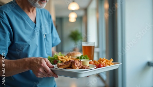 Nurse serving meal tray with chicken, fries, and drink in hallway, hospital food tray
