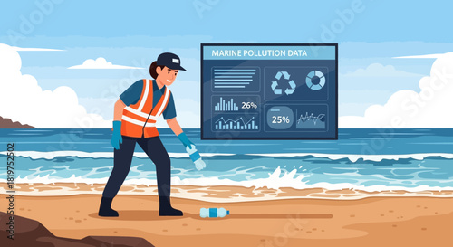 Dedicated volunteer cleaning plastic waste from beach to combat marine pollution