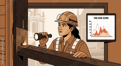 Fire safety inspector assessing potential hazards in a historic building structure