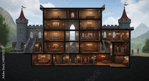 Cross-Sectional Illustration of a Medieval Stone Castle with Detailed Interiors