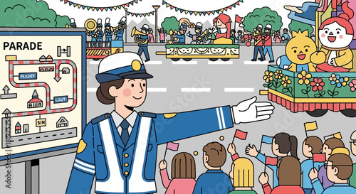 Festive city celebration, parade scene with floats, band, audience, and parade officer