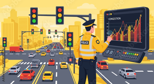 Policeman regulating traffic flow using a high-tech monitoring system in a city