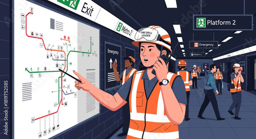 Subway Emergency Drill Illustration with Leader Explaining Route and Safety Procedures
