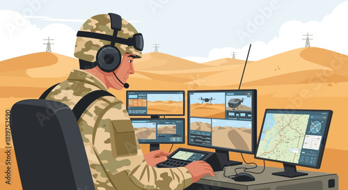 Remote Operation: Soldier Monitoring Drone Footage in Desert Environment