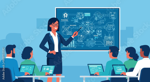 Cybersecurity Training Session with Instructor and Students Analyzing Data Breach