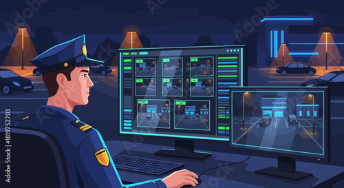 Vigilant officer monitoring surveillance cameras in control room at night