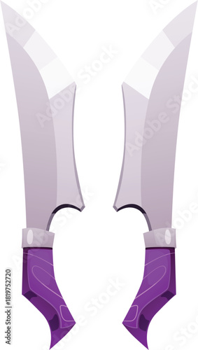Cartoon swords and daggers pair, vector iron sharp blade saber with purple handle, old weapon ancient warrior game asset