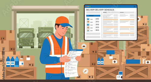 Logistics worker checking delivery schedules in a busy warehouse environment