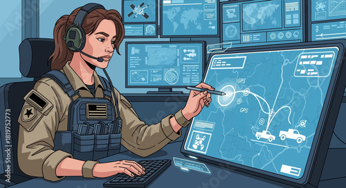 Military strategist reviewing tactical data at a digital control panel setup
