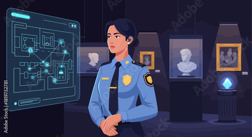 Museum Security Officer with Advanced Surveillance Technology Interface System