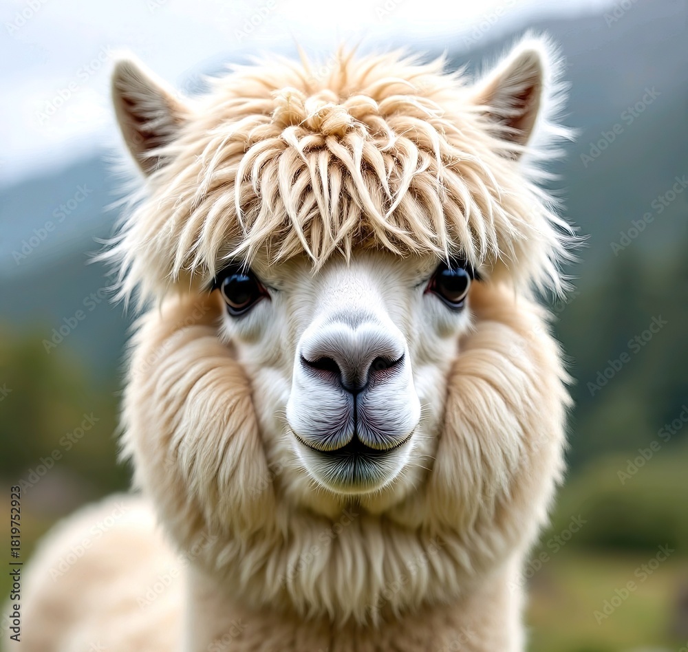 Fototapeta premium Ultra-Realistic Close-Up Portrait of a Fluffy Alpaca