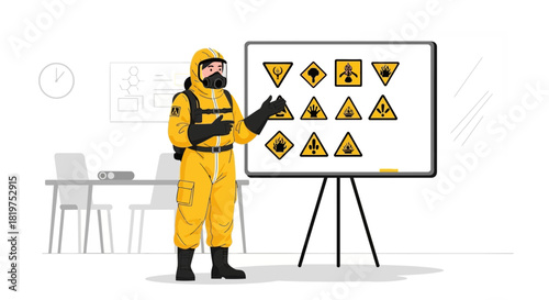 Illustrative scene of a person in a hazmat suit presenting hazard symbols