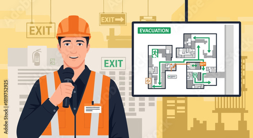 Explaining safety protocols: emergency evacuation plan presentation in building