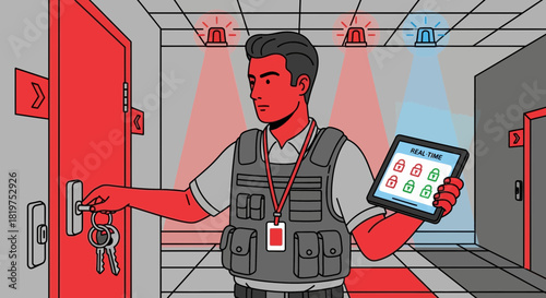Security Personnel Implementing Real-Time Lockdown Protocol for Enhanced Building Safety