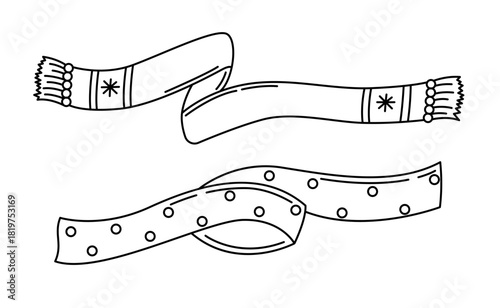 Linear hand drawn winter long scarves. Winter clothes cartoon illustration for coloring
