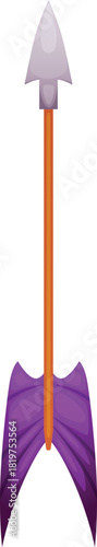 Cartoon arrow vector icon, archery or hunter bow tool ammunition, shoot equipment, game weapon arrow with purple feather