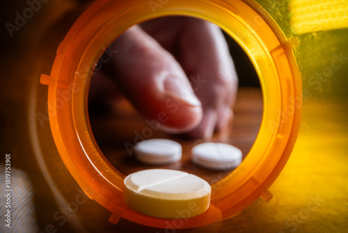 Dramatic macro view looking from the inside of an empty, bright orange prescription pill bottle. A human hand is visible reaching a small dose of tablets.