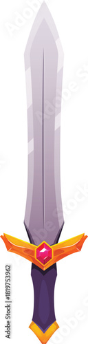 A cartoon fantasy sword with a brightly colored hilt and a red gemstone.