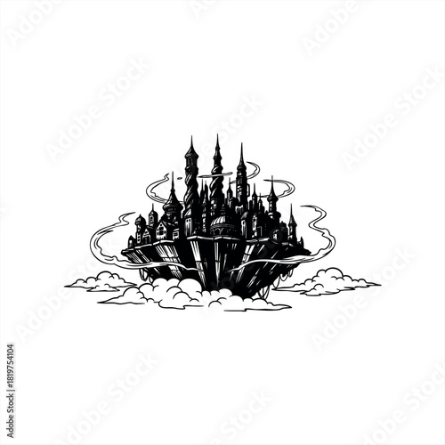 A black and white fantasy castle floating on a rocky island among clouds, a magical kingdom with gothic spires and towers in a graphic linocut vector illustration style