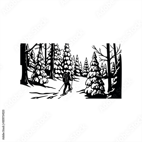 A person with a backpack snowshoeing through a snowy winter forest, a black and white graphic illustration depicting a solitary hike among snow-covered pine trees