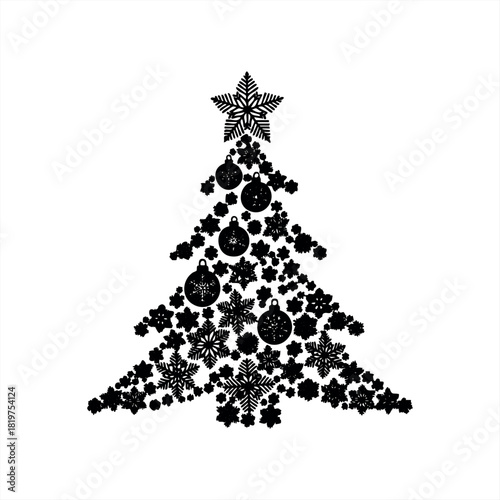 A black Christmas tree silhouette composed of intricate snowflakes, festive baubles, and a star topper, creating a beautiful and elegant holiday graphic design for seasonal celebration