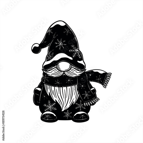A charming black and white Christmas gnome illustration wearing a pointy hat and a warm scarf, both decorated with a festive snowflake pattern in a simple graphic silhouette style