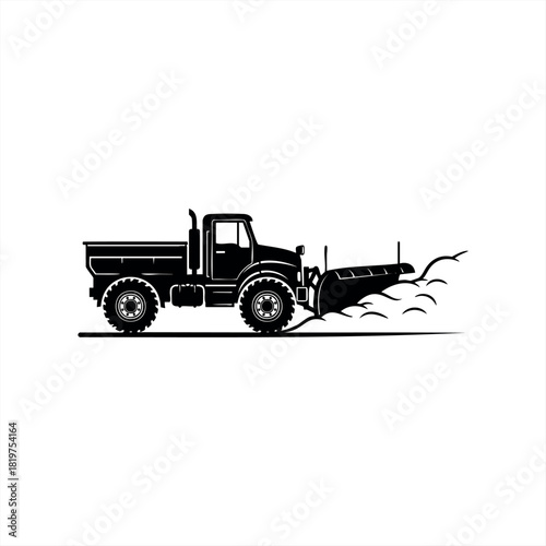 A heavy-duty snowplow dump truck clearing deep snow with its front blade, depicted as a bold black vector silhouette illustration from a clean side profile view