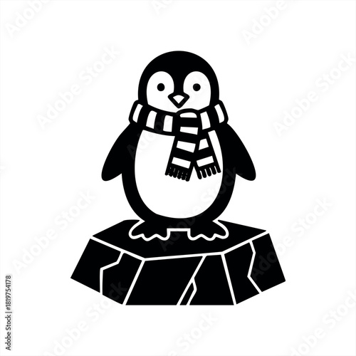A cute black and white penguin character wearing a striped scarf stands on a small iceberg in this charming winter-themed vector illustration with a simple graphic style