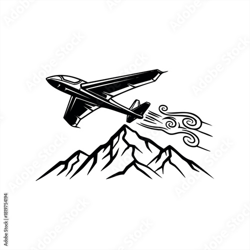 A black and white graphic glider illustration soaring gracefully over a rugged mountain peak with a stylized wind trail, depicted in a bold, clean, minimalist vector art style