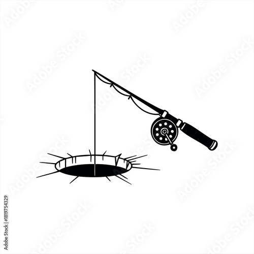 A black ice fishing rod silhouette with a reel and line is lowered into a cracked hole, a minimalist vector icon representing a winter hobby and outdoor recreation