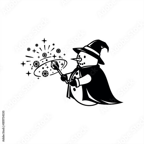 A charming snowman wizard character casting a magical spell with a crystal wand, creating sparkling snowflakes and stars in a whimsical black and white vector illustration