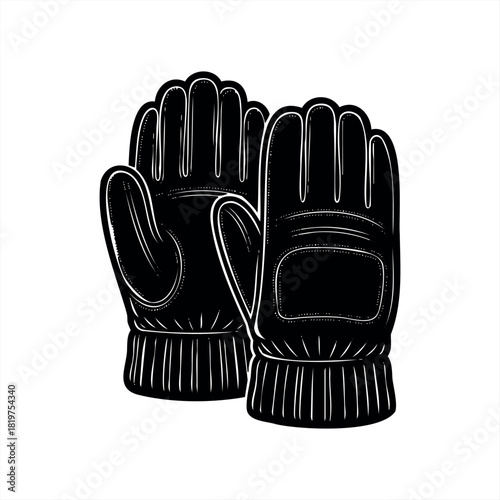 A pair of black winter gloves illustrated in a bold graphic style with strong white outlines and detailed stitching, representing warm handwear for cold weather activities like skiing