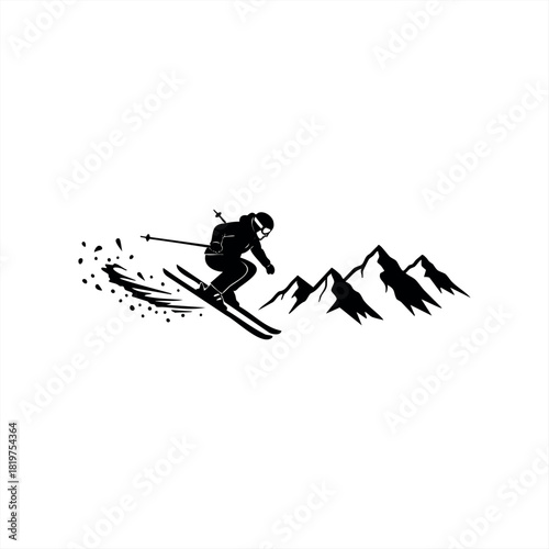 A black silhouette illustration of a skier in action, speeding down a slope and kicking up snow with jagged mountain peaks visible in a dynamic graphic design
