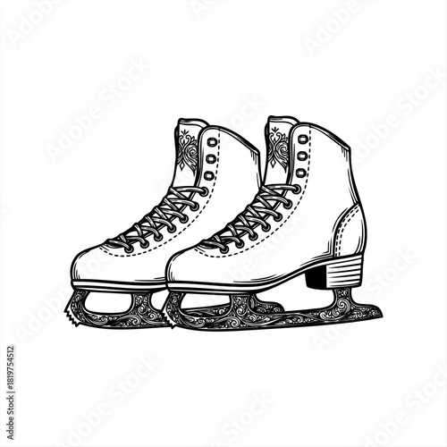 A pair of vintage black and white ice skates with ornate filigree blades and decorative patterns, rendered in a classic hand-drawn illustration style for winter sports