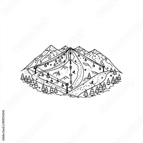 A ski resort line art illustration in black and white showing snowy mountains, chairlifts, winding slopes, and a forest of pine trees in a simple hand-drawn doodle style
