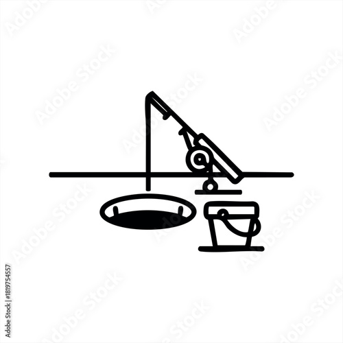 An ice fishing rod and reel setup with a bucket next to a hole, depicted in a simple black and white line art style for a clean, graphic representation of the winter sport