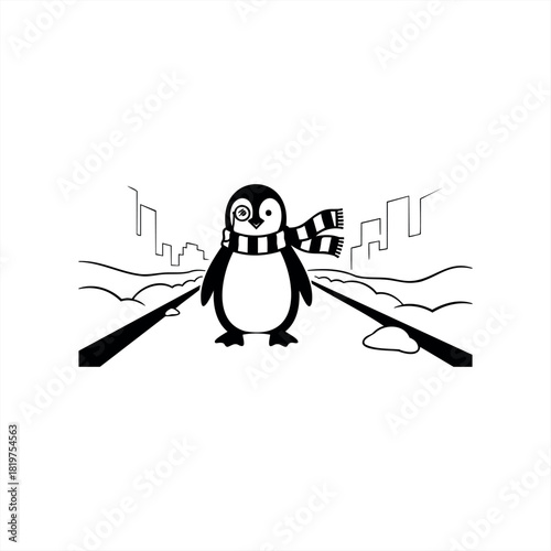 A cute cartoon penguin wearing a monocle and striped scarf stands on a snowy road with a city skyline, a whimsical and dapper black and white vector illustration
