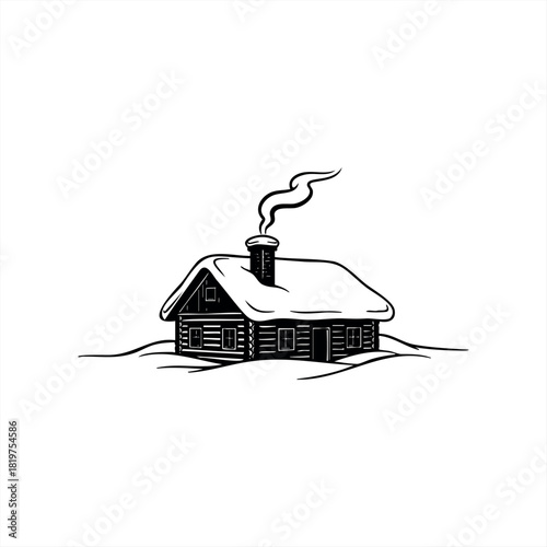 A black and white log cabin illustration with a snow-covered roof and smoke coming from the chimney, depicted in a simple, rustic woodcut style for a cozy winter feeling