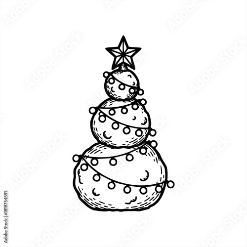 A hand-drawn Christmas tree illustration made of three stacked snowballs, decorated with a festive light garland and a star tree topper in a simple black and white sketch style