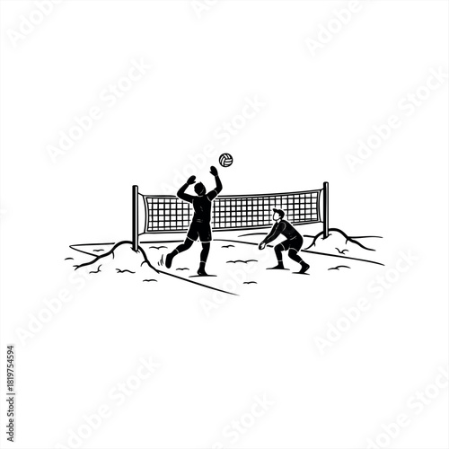 Two male beach volleyball players illustrated in a black and white line art style, with one athlete jumping to spike the ball over the net during a competitive match