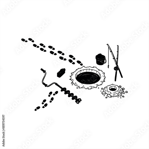 An ice auger, fishing rod, bucket, and thermos arranged around a fishing hole in the ice, with footprints leading away in a simple black and white graphic illustration
