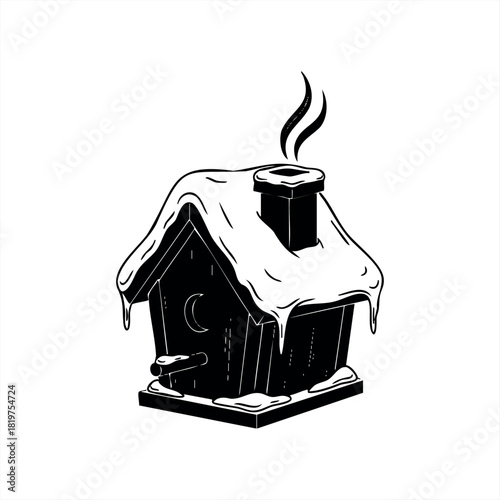 A black and white illustrated birdhouse covered in snow with smoke coming from its chimney, featuring a whimsical crescent moon detail in a cozy, cartoonish winter style