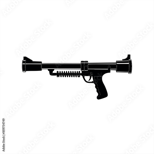 A black silhouette illustration of a futuristic science fiction blaster rifle with a long barrel and pistol grip, presented in a clean, minimalist vector graphic style for design elements