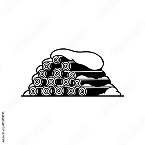 A pile of stacked firewood logs covered in a layer of fresh snow, depicted in a minimalist black and white line art style with bold outlines and graphic details of wood grain