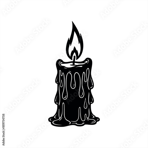 A black and white graphic illustration of a melting candle with a bright flame and dripping wax, rendered in a bold, high-contrast linocut style for a spooky or vintage feel