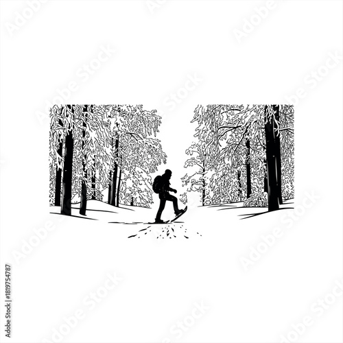 A silhouette illustration of a person snowshoeing through a snowy forest with a backpack, depicted in a minimalist black and white graphic vector style for a winter adventure concept