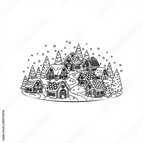 A charming winter village with gingerbread houses and snow-covered pine trees depicted in a black and white line art style perfect for a Christmas coloring book page