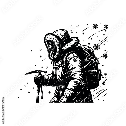 A high-contrast black and white illustration of a mountaineer in a heavy parka with a fur hood and goggles trekking through a windy snowstorm with an ice axe