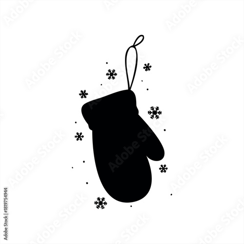 A black winter mitten silhouette illustration with a hanging loop is surrounded by falling snowflakes and dots in a minimalist graphic style